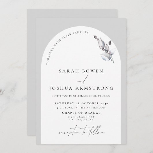 Modern Gray Arch Botanical Script Weddenschap Kaart (Voorkant / Achterkant)