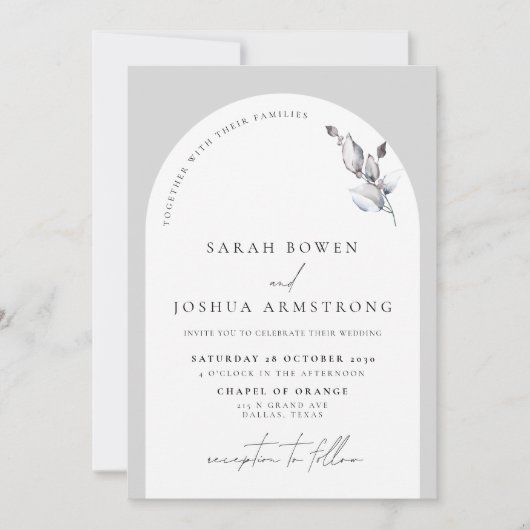 Modern Gray Arch Botanical Script Weddenschap Kaart (Voorkant)