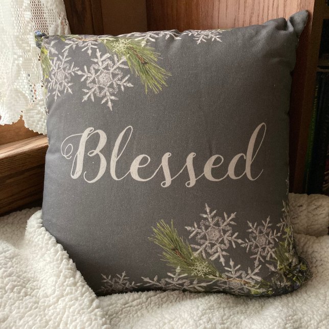 Modern Gray Blessed Winter Snowflake Sierkussen (Creator heeft geüpload)