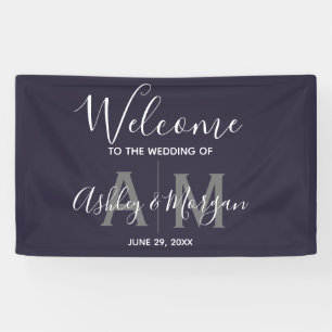 Modern Gray & Blue Couple Monogram 36x24 bruiloft Spandoek