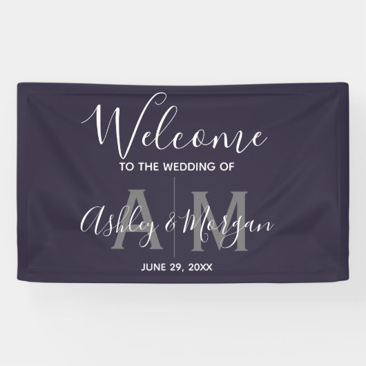 Modern Gray & Blue Couple Monogram 36x24 bruiloft Spandoek (Horizontaal)