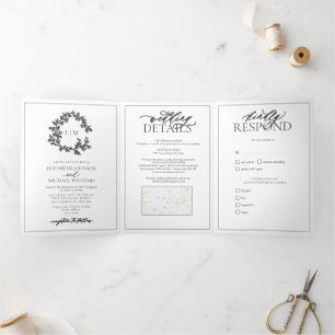 Modern Gray Leafy Crest Monogram Weddenschap Drieluik Uitnodiging