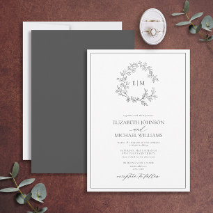 Modern Gray Leafy Crest Monogram Weddenschap Kaart