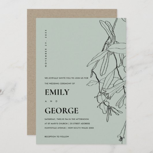 MODERN GRAY LINE DRAWING FLORAL WEDDING INVITE BEDANKKAART (Voorkant / Achterkant)