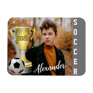 Modern Gray Soccer Sports Foto & Name for him Magneet