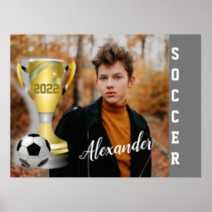 Modern Gray Soccer Sports Foto & Name for him Poster