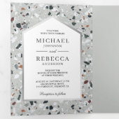 Modern Gray Terrazzo Tegel Foto QR Code Weddenscha Drieluik Uitnodiging (Binnenzijde eerst)