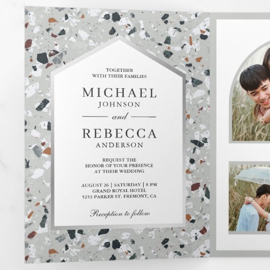 Modern Gray Terrazzo Tegel Foto QR Code Weddenscha Drieluik Uitnodiging (Binnenzijde eerst)