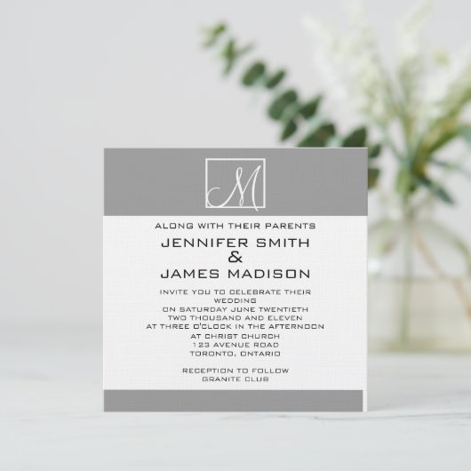 Modern Gray White Monogram Weddenschap Kaart (Staand voorkant)