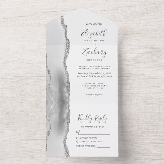 Modern Gray White Silver Agate Wedding All In One Uitnodiging (Binnen)