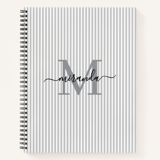 Modern Gray & White Stripes Monogram Name Notitieboek (Voorkant)