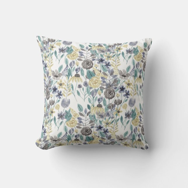 Modern Gray Yellow Floral Waterverf Pattern Buitenkussen (Voorkant)