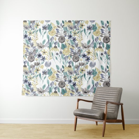 Modern Gray Yellow Floral Waterverf Pattern Wandkleed (In Situ (horizontaal))