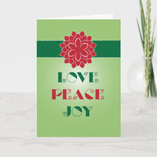 Modern Green and Red Love, Peace, Joy quote Feestdagen Kaart