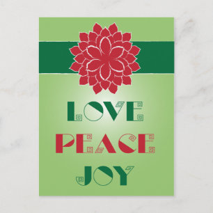 Modern Green and Red Love, Peace, Joy quote Feestdagenkaart