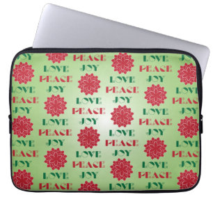 Modern Green and Red Love, Peace, Joy quote Laptop Sleeve