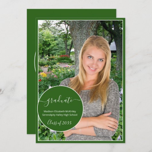 Modern Green and White Circle Photo Afstuderen Aankondiging (Voorkant / Achterkant)