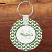 Modern Green and White Scallops Monogram en Naam Sleutelhanger (Voorkant)