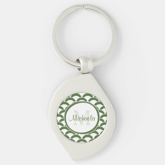Modern Green and White Scallops Monogram en Naam Sleutelhanger (Voorkant)