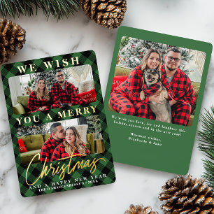 Modern Green Buffalo met kerstfoto Folie Feestdagenkaart