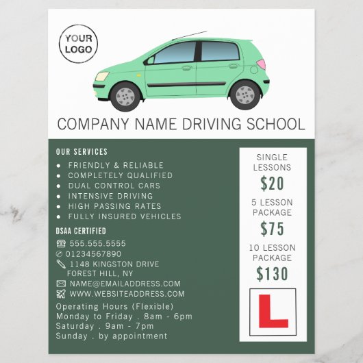 Modern Green Car, Driving School, Instructor Flyer (Voorkant)