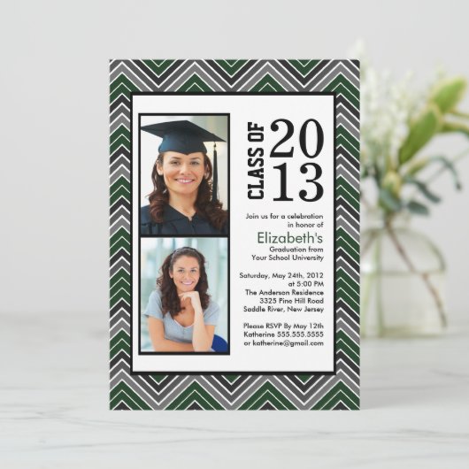 Modern green Chevron Stripes Photo Afstuderen Kaart (Staand voorkant)