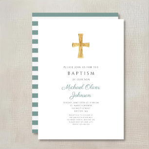 Modern Green Cross Religious Boy Baptisme Kaart