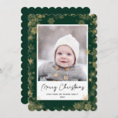 Modern Green Elegant Script Snowflakes Bokeh Feestdagenkaart (Voorkant / Achterkant)