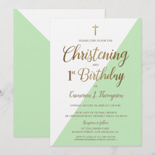 Modern Green Gold 1st Birthday Christening Kaart