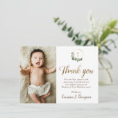 Modern Green Gold Cross baptism 1st birthday photo Bedankkaart (Staand voorkant)