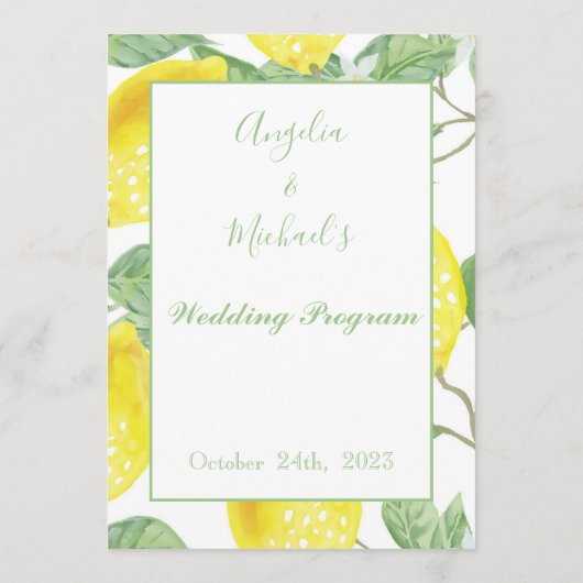 Modern Green Gold Lemon Wedding Programme Programma (Achterkant)