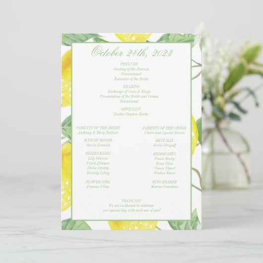 Modern Green Gold Lemon Wedding Programme Programma (Staand voorkant)