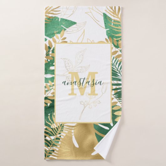 Modern Green Golden Tropical Leaves Monogram Bad Handdoek (Badhanddoek)
