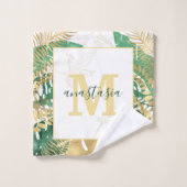 Modern Green Golden Tropical Leaves Monogram Bad Handdoek (Wasdoekje)