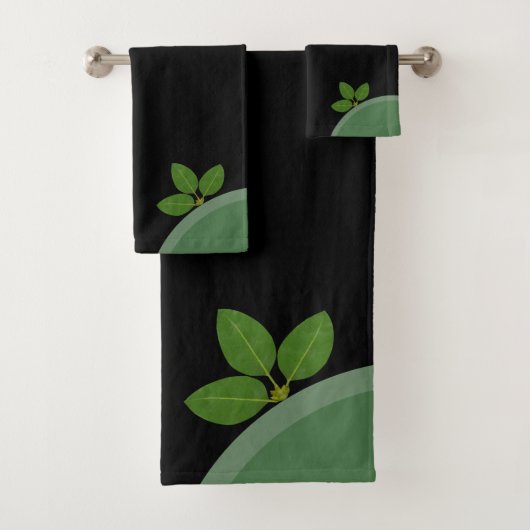 Modern Green Laurel Leaves op Black Bad Handdoek (Insitu)