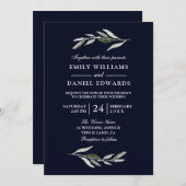 Modern Green Leaf Navy Blue Wedding Invite Kaart (Voorkant / Achterkant)
