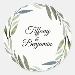 Modern Green Leaf Wreath Wedding Engagement Party Ronde Sticker