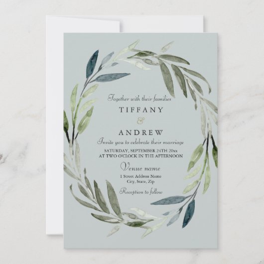 Modern Green Leaf Wreath Wedding Invitation Kaart (Voorkant)