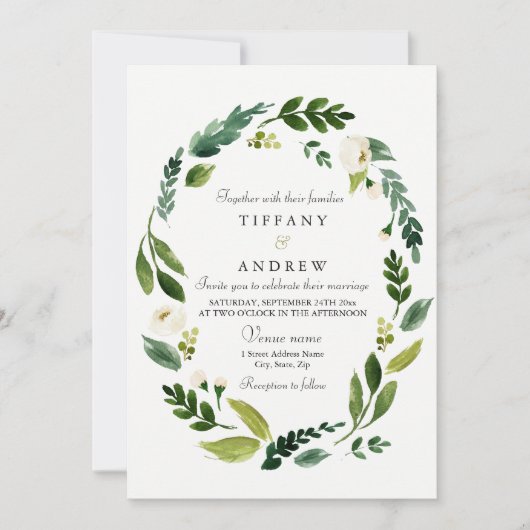 Modern Green Leaf Wreath Wedding Invite Kaart (Voorkant)
