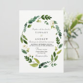 Modern Green Leaf Wreath Wedding Invite Kaart (Staand voorkant)