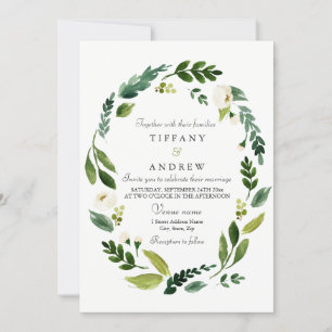 Modern Green Leaf Wreath Wedding Invite Kaart