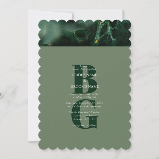 Modern Green Marble Monogram Wedding Kaart (Voorkant)