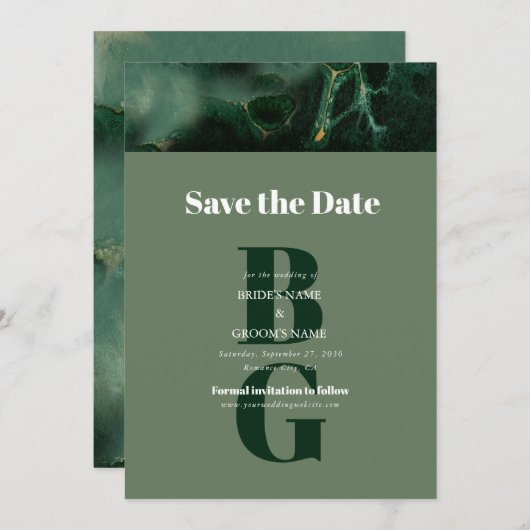 Modern Green Marble Monogram Wedding Save The Date (Voorkant / Achterkant)