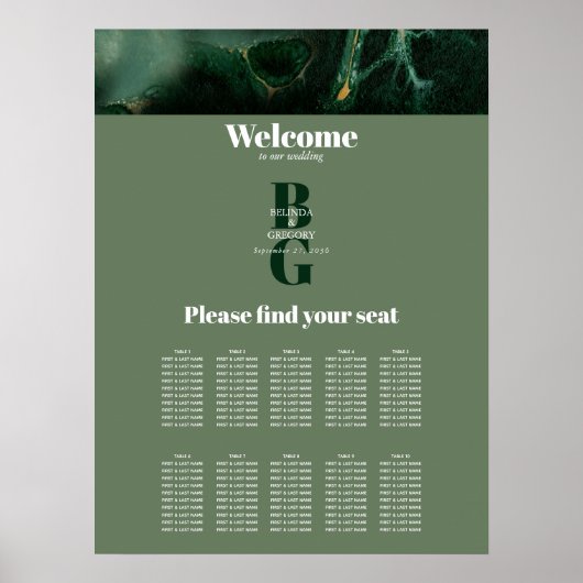 Modern Green Marble Monogram Wedding Seating Chart Poster (Voorkant)