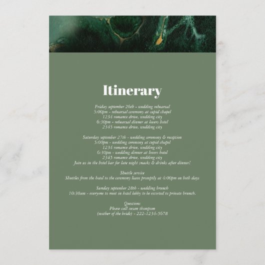 Modern Green Marble Monogram Weduwroute Programma (Achterkant)