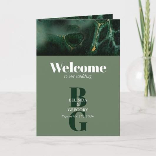 Modern Green Monogram Order of Service Programma (Voorkant)