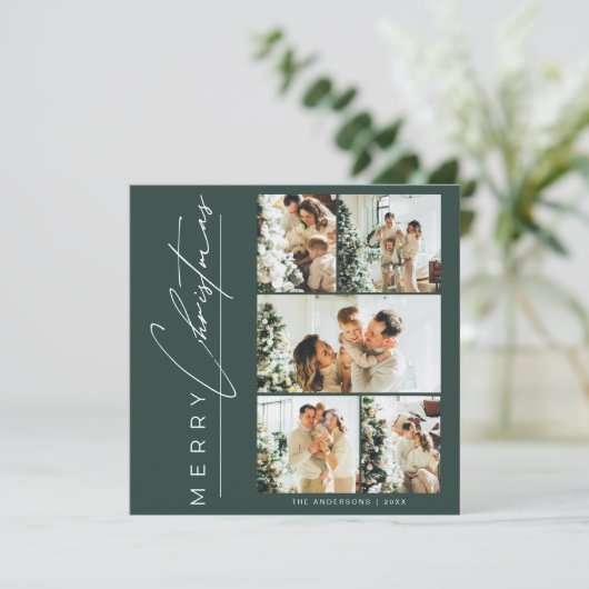 Modern Green Multi Photo Merry Christmas Script Feestdagenkaart (Staand voorkant)