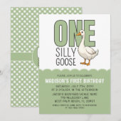 Modern Green One Silly Goose 1st Birthday  Kaart (Voorkant / Achterkant)