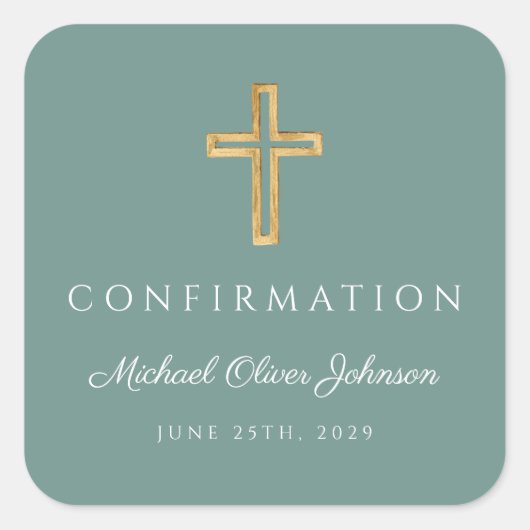 Modern Green Religious Cross Boy Confirmation Vierkante Sticker (Voorkant)