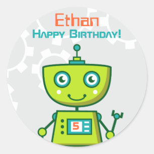 Modern Green Robot Boys Birthday Party Ronde Sticker